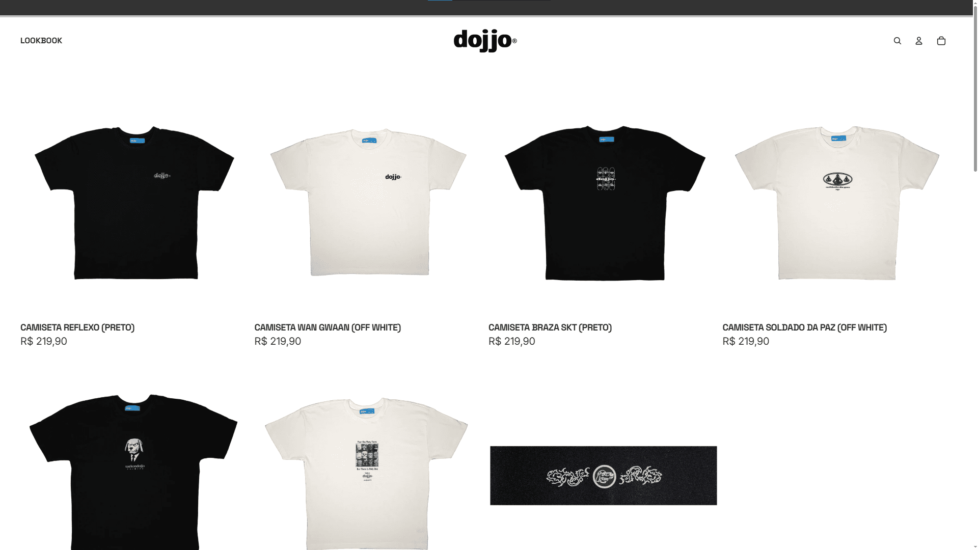 Screenshot da loja online Dojjo SP Streetwear, mostrando uma interface moderna e vibrante com seções de produtos, promoções e contato.
